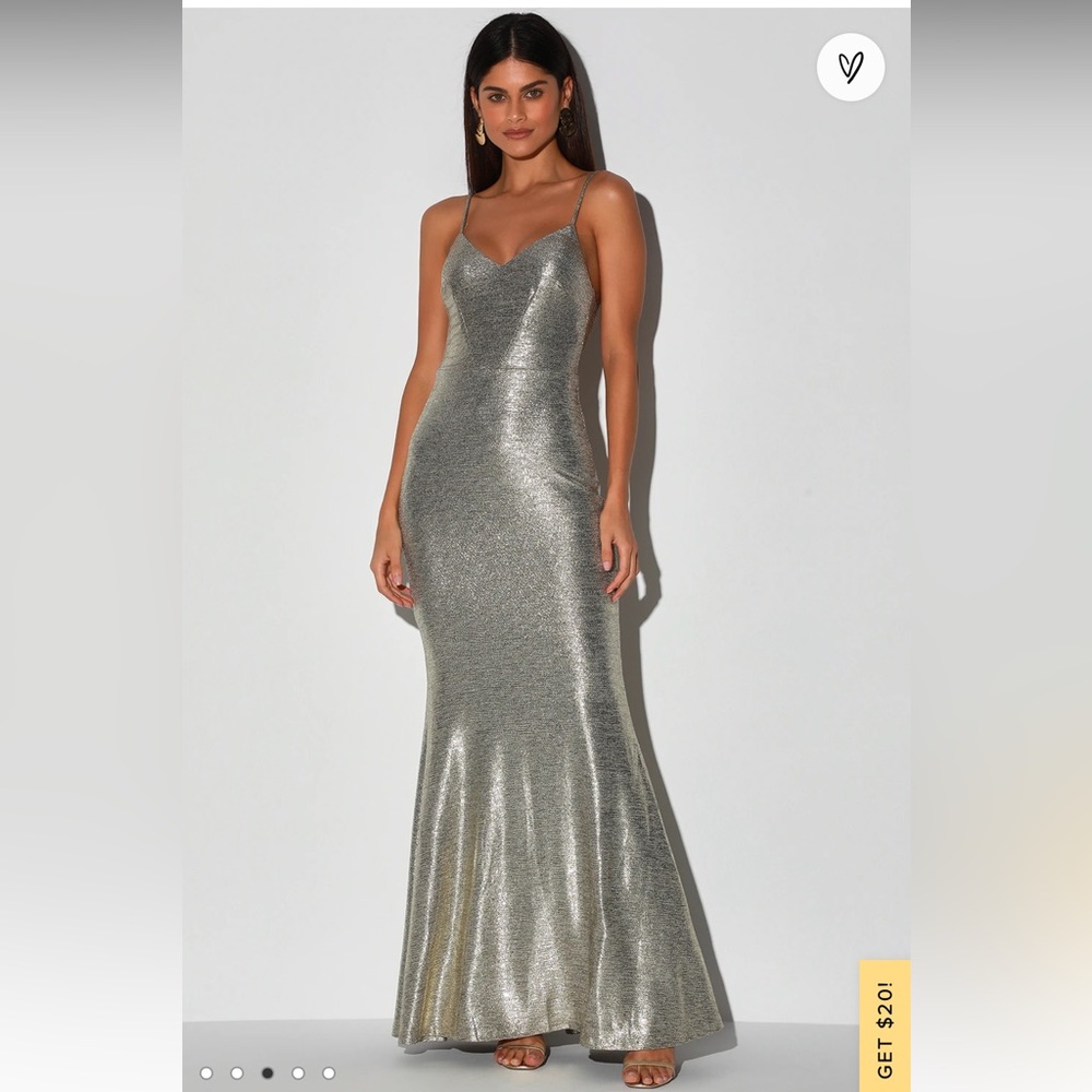 Lulus Came to Stun Shiny Light Gold Mermaid Maxi Dress Gown metallic